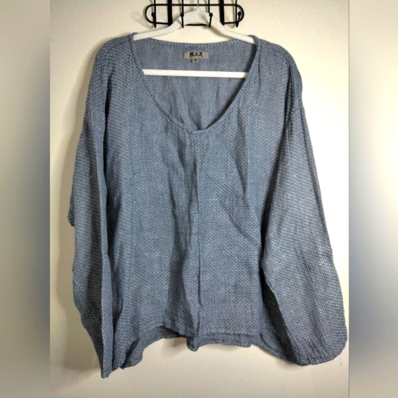 Flax (Size M=10-14) Blue Oversized Long Sleeve V-Neck 100% Linen Lagen Look Top - Picture 1 of 9